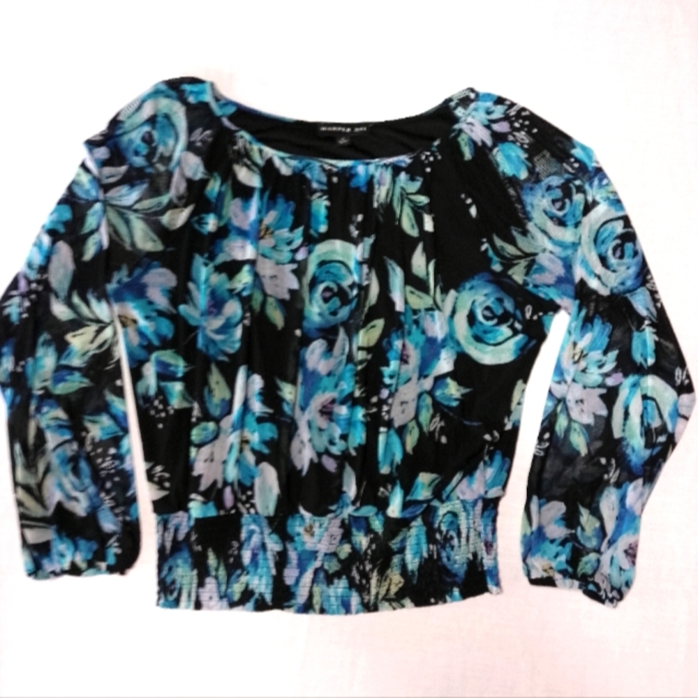 Harper 241 Floral Print Semi Sheer Blouse Elastic Waist and Cuffs